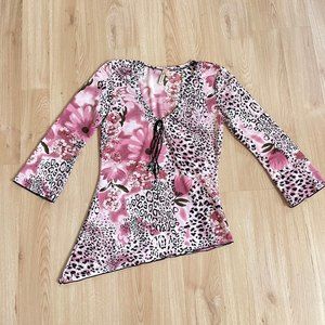 Y2k asymetrical top pink leopard flower shirt design